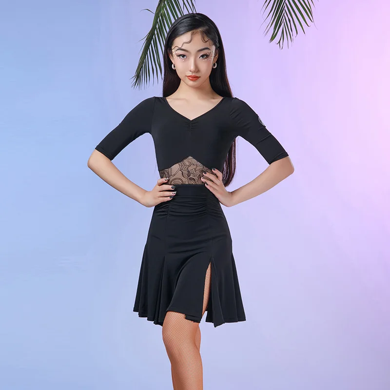 2026 소녀를위한 새로운 라틴 댄스 대회 드레스 반팔 블랙 드레스 삼바 차차 탱고 키즈 라틴 댄스 드레스 DQS21739