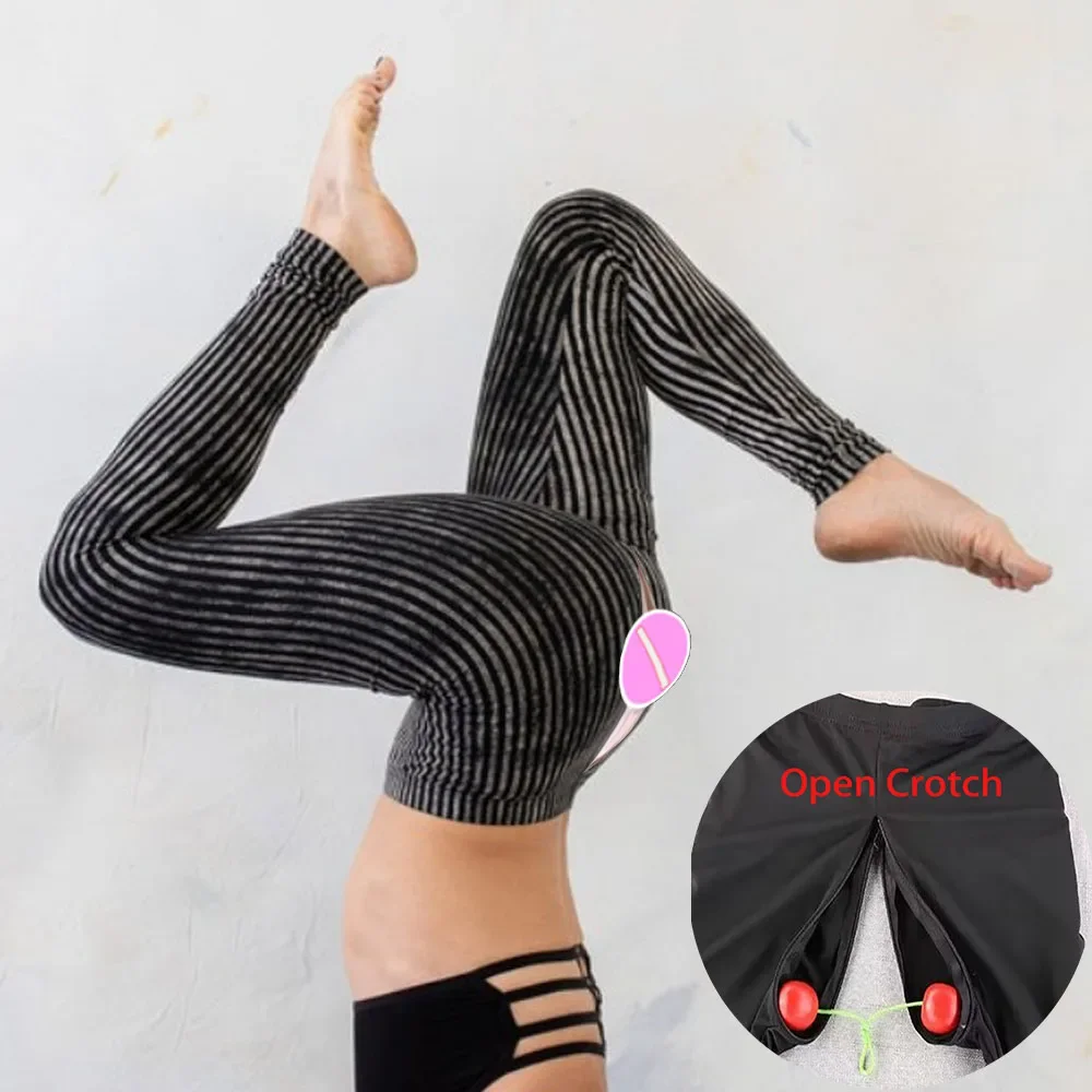 Open Crotch Outdoor Sex Pants Women Leggings Peach Hip Push Up Sweatpants Striped Acrobatics Yoga Acroyoga Sexy Exotic Hotpants