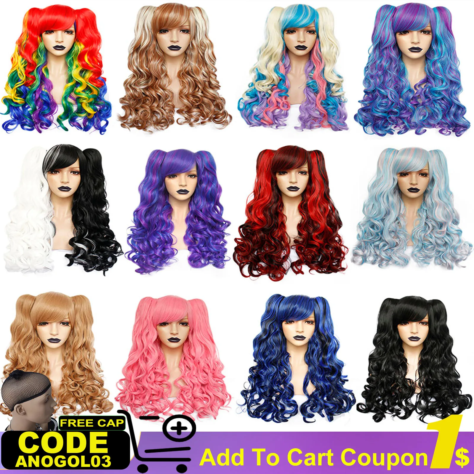 ANOGOL Synthetic Lolita Colored Long Body Wave with Bangs Pink Blonde Mix Multicolor Hair Cosplay Wigs Ponytails for Women Party