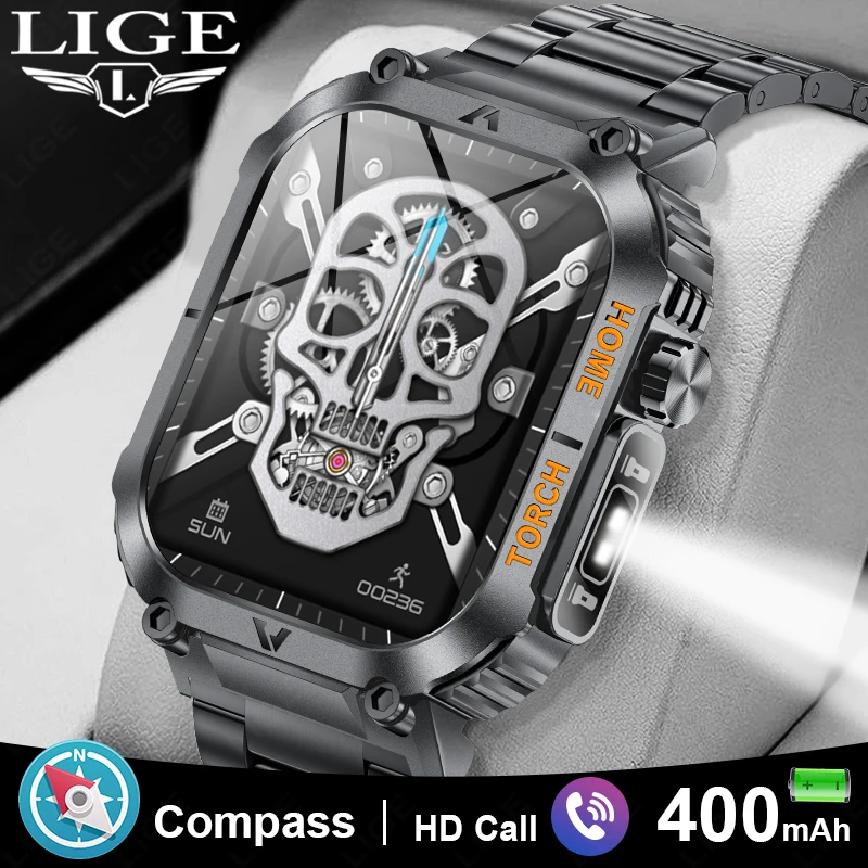 LIGE Men Smart Watch LED Flashlight Compass Watches 3ATM Waterproof 2.02'' HD Screen Military Sport Smartwatch 2025 Reloj Hombre