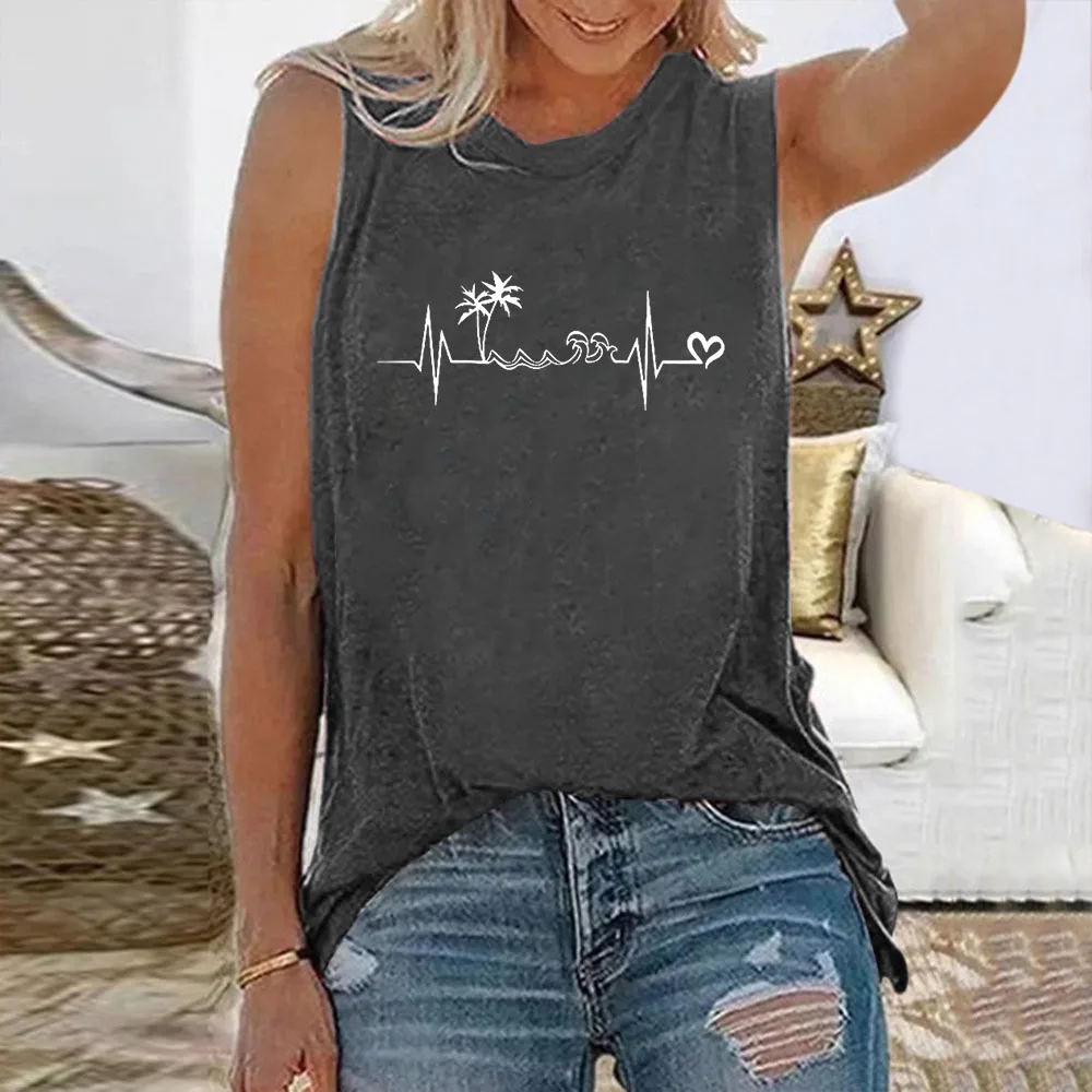 Seeyoushy Heartbeat Print 2023 Summer Women's T-shirt Sleeveless Fashion Women's Top Fun Printed Y2K Aesthetic Clothing Harajuku