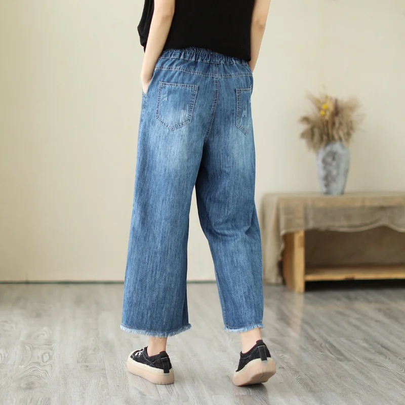 Jeans For Women Embroidery Korean Fashion Elastic Waist Wide Leg Pants Casual Ripped Hole Denim Ankle-Length Pants