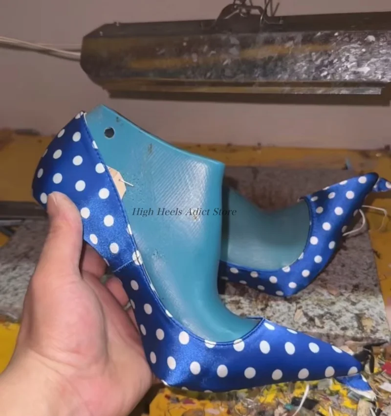 

Polka dots satin pointy toe pumps for women sexy stilettos blue/red/black party high heels gifts cosplay dress lady shoes