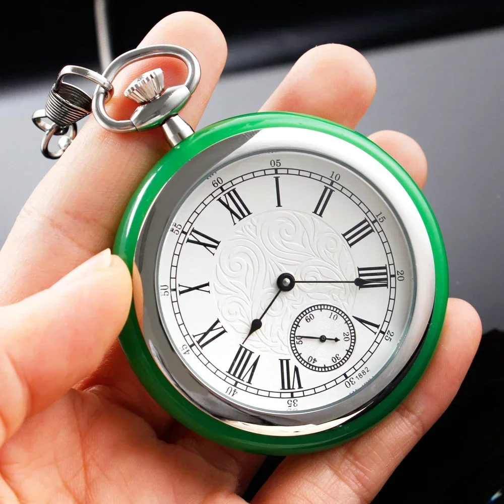 

NEW Green edged white dial 316L Stainless steel Waterproof Pocket Watch Mechanical Antique Vintage Luxury Watch with Chain&Box