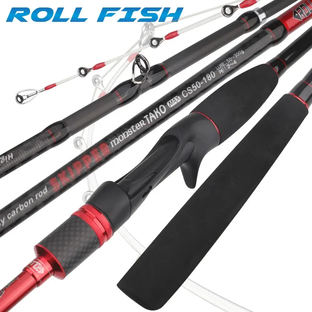 ROLLFISH Solid Tip Octopus Squid Cuttle Carbon Fiber Casting Fishing Rod Saltwater Boat Light Jigging Rod Action 9:1 WT144g 1.8M