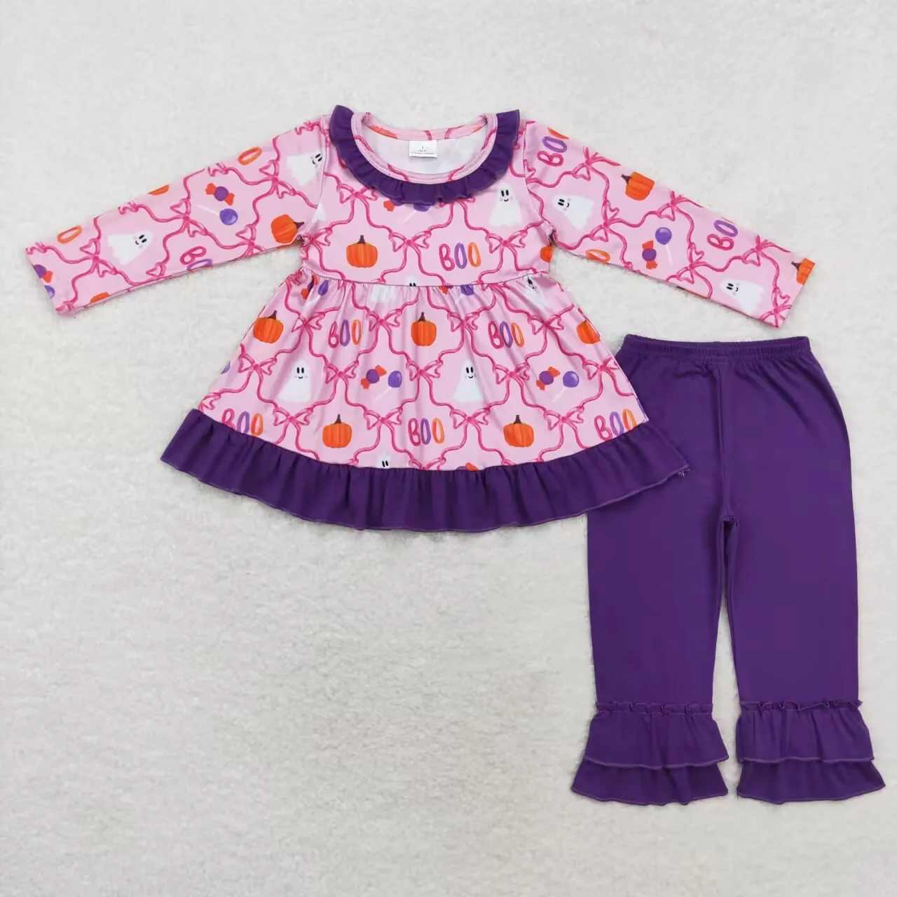 Wholesale toddler girl two-piece apparels pink and purple Halloween clothing sets boo outfit kids clothes