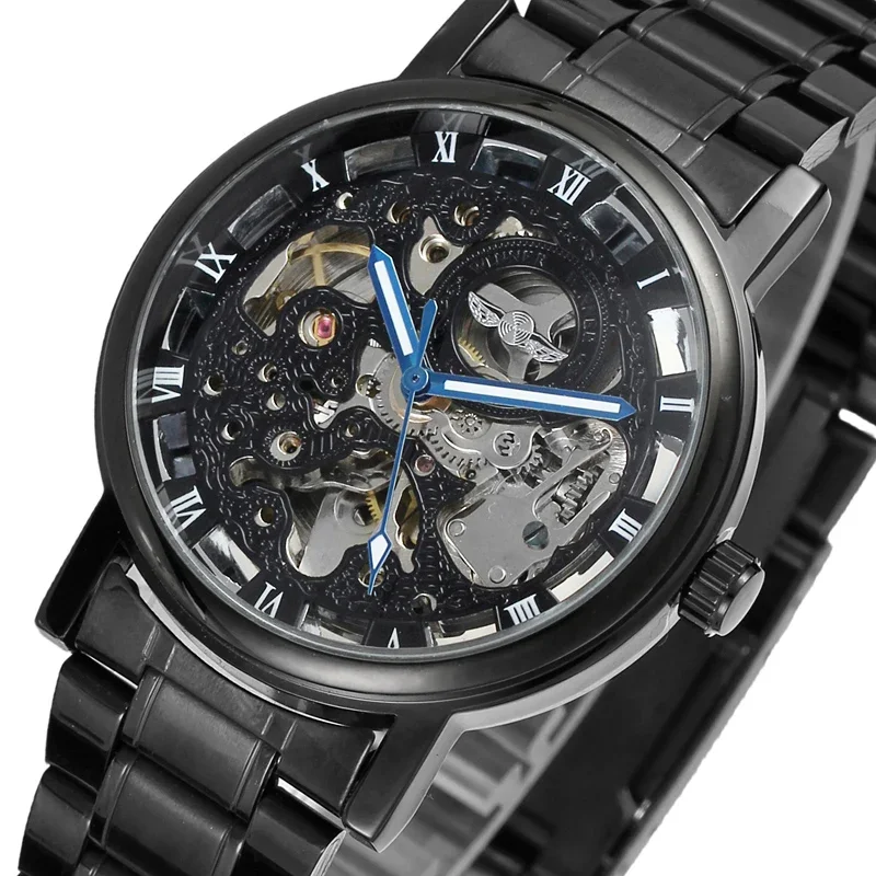 Casual Skeleton Auto Self Wind Mechanical Watch for Men Steel Strap Roman Number Business Mens Watches Top Brand Luxury Clock