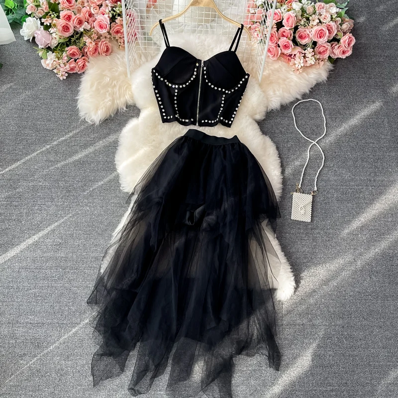

A-Line Skirt with Mesh And Diamond Crop Top Two-Piece Set Short Strapless Bralette Summer Fashion for Young Women