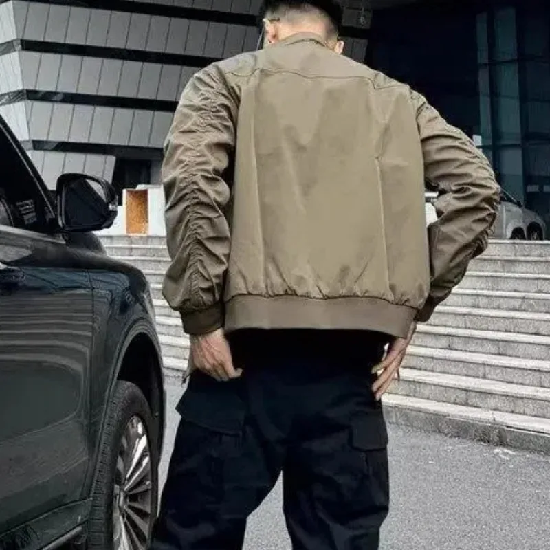 Spring Autumn Solid Color Zipper Pockets Lantern Long Sleeve Cardigan Men's Round Neck Coats Jackets Preppy Style Vintage Tops