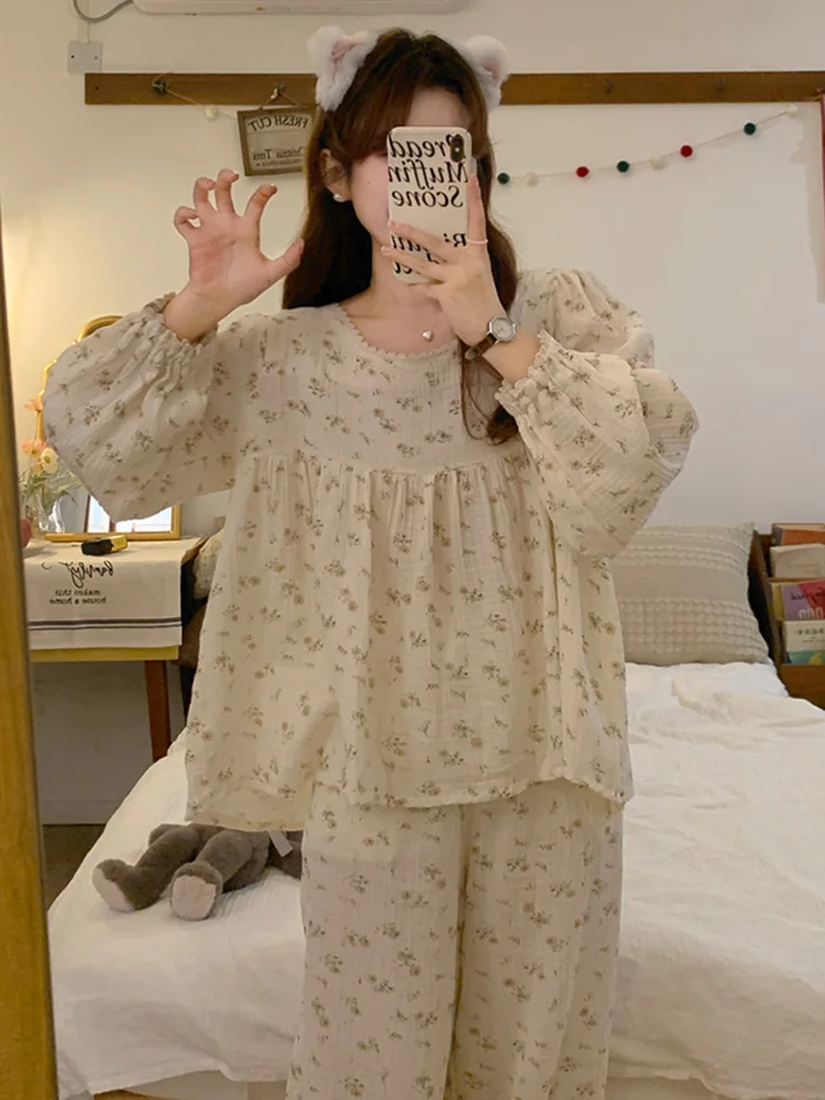 New Home Soft Print Floral Sweet Spring Long Sleeve Pajama Set Women Girlish Style Cotton Loose Kawaii Elegant Casual Sleepwear