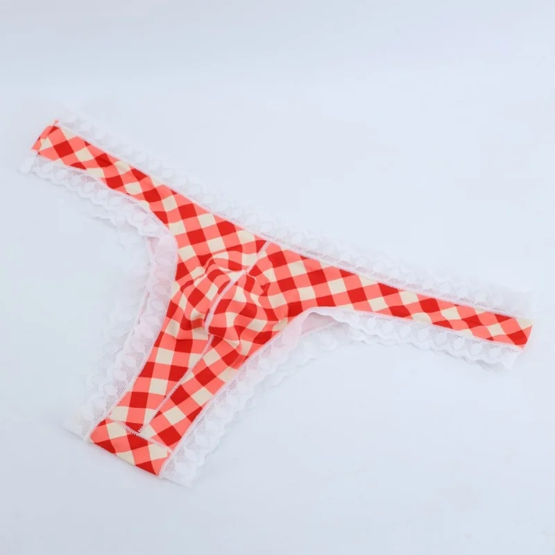 

Мужские трусы в клетку с кружевным подолом, бикини U-образные выпуклые стринги с низкой посадкой, нижнее белье, стринги LGBQ, частная вечеринка, футболки для живого шоу, Harajuku ﻿ ﻿ ﻿