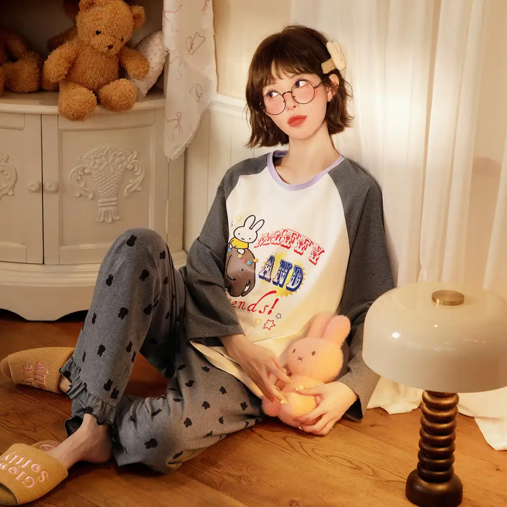 

Miffy весенне-осенние пижамы женские из чистого хлопка повседневный милый мультяшный комплект домашней одежды с длинными рукавами милый подарок с героями мультфильмов