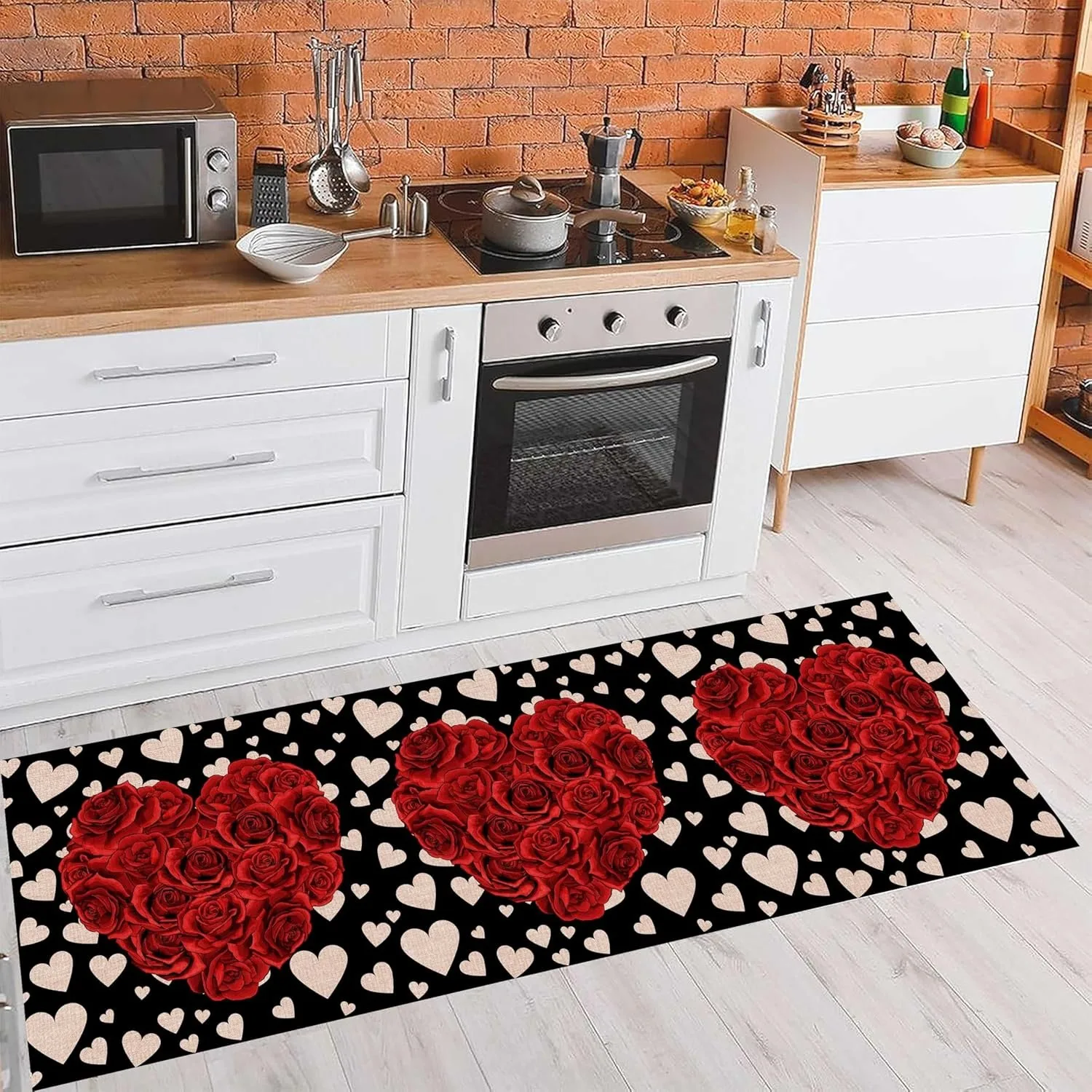 Rote Rosen Herzen Flur Läufer Teppich Valentinstag Liebe Kunst Teppich Rutschfeste Teppiche Waschbarer weicher Küchenteppich für den Eingang