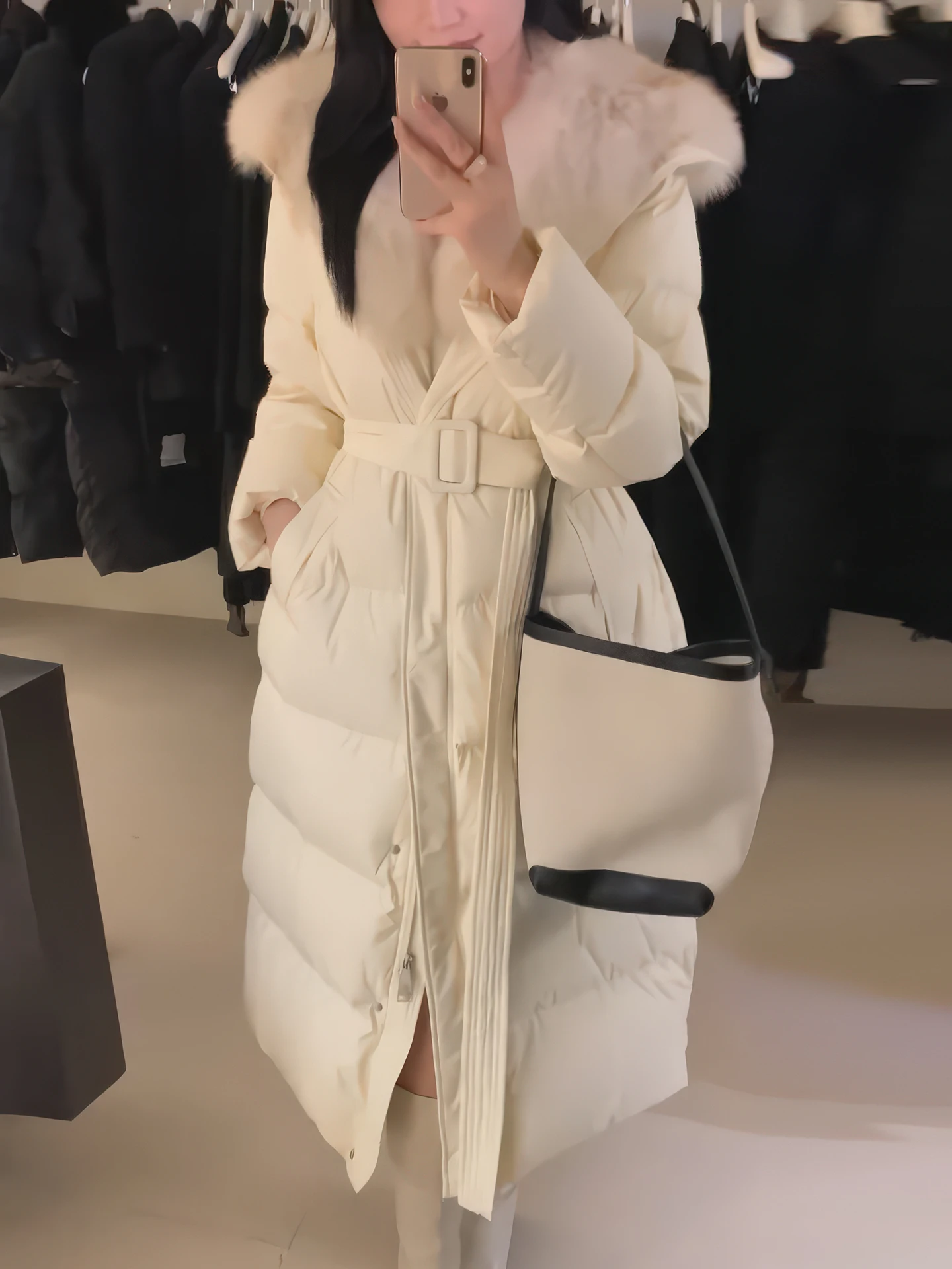 Korean Sle Long down Jaet Women's Winter Thiened White Du down Coat Slimming Waist High Collar Warm Faionable