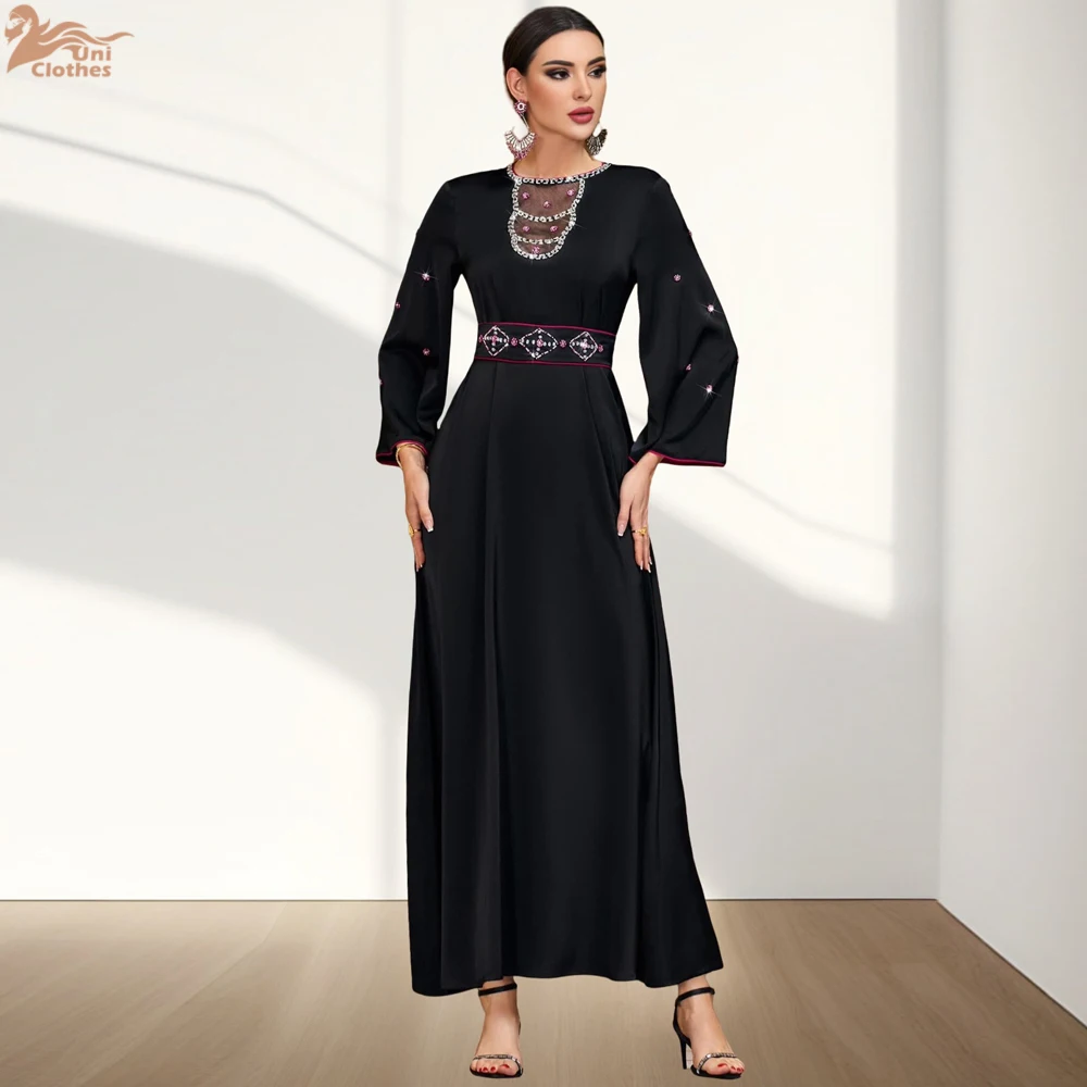 Uni New Morocco Rhinestone Decorated Maxi Abayas Dubai Patchwork Hollow Out Kaftan Belt included