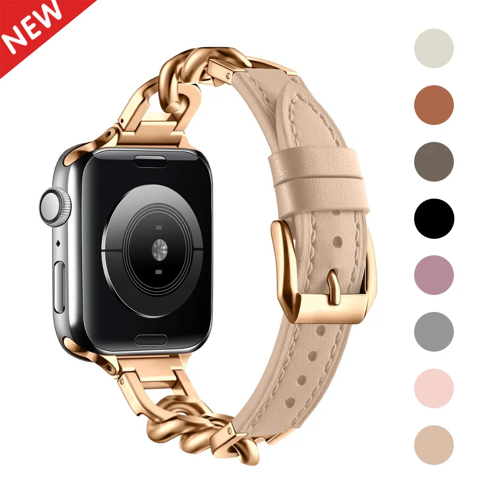 Strap For Apple Watch Ultra band 49mm 45mm 41mm 44mm 40mm 42mm Stainless steel Chain  Leather bracelet iWatch series 8 7 6 4 se