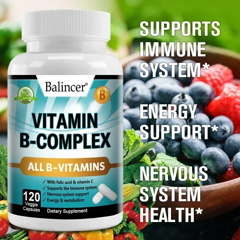 Vitamin B Complex Capsules, Vitamin B1, B2, B3, B5, B6, B8, B12, Immunity, Energy, Focus, Brain, Concentration, Nervous System