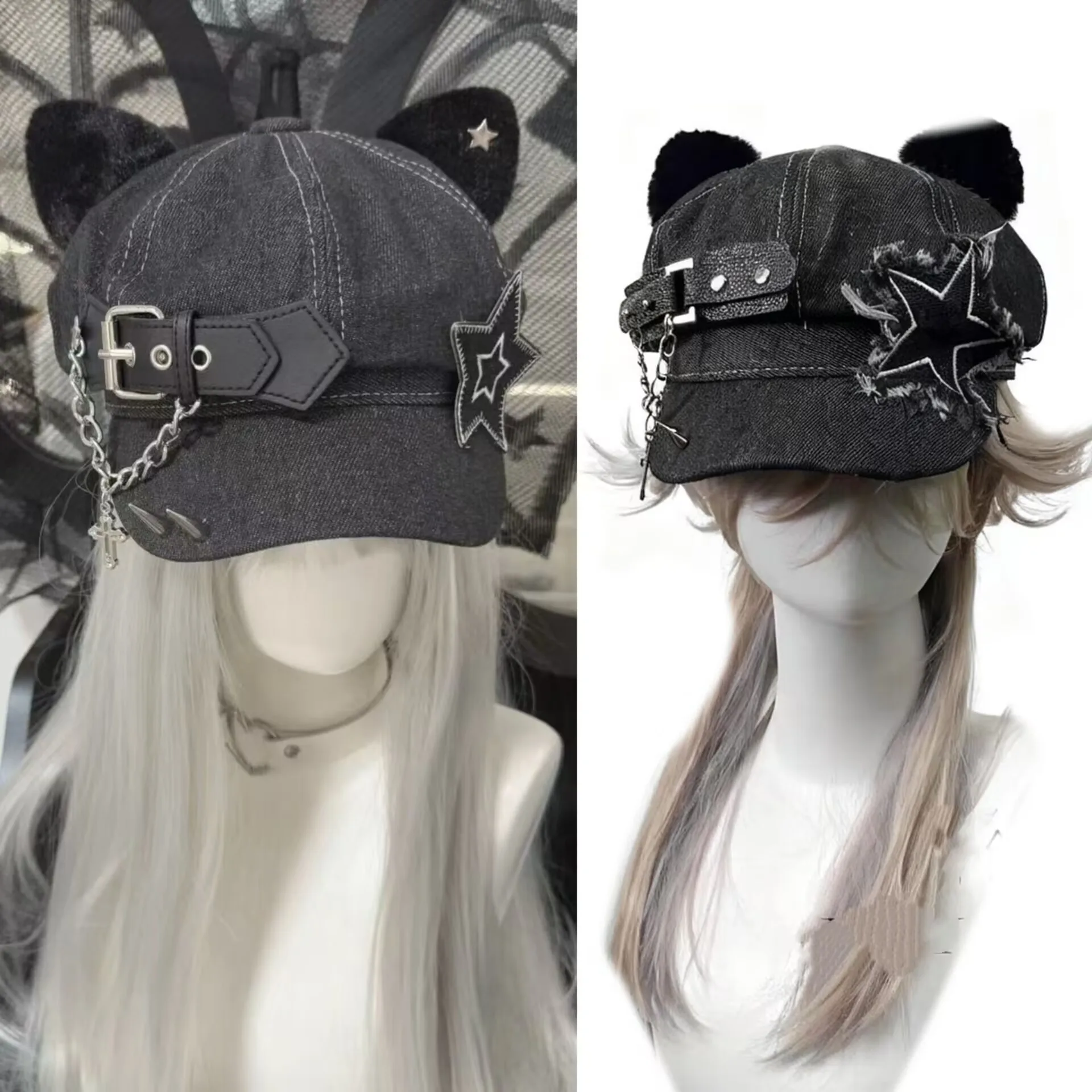 

Женский уличный кожаный берет Y2K в стиле панк с кошачьими ушками и заклепками, кепка ручной работы, ковбойская шляпа в готическом стиле Лолиты в стиле Харадзюку для девочек