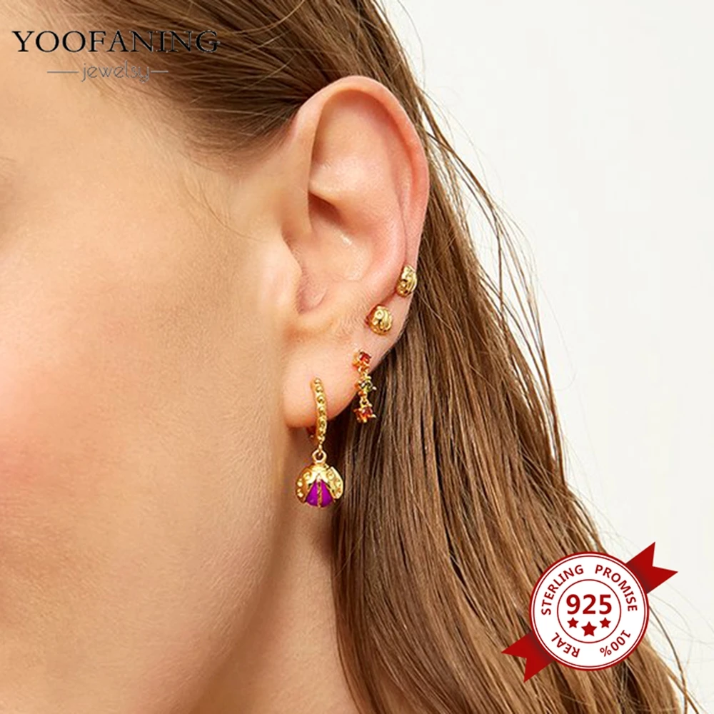 925 Sterling Silver Needle Exquisite Hoop Earrings Red Zircon  Love Strawberry Starfish Red Series Women\'s Earring Jewelry gift