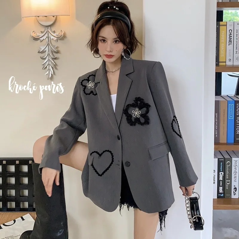 Casual Women\'s Blazer Three-dimensional Flower Love Embroidery Suit Coat Female Korean Loose Long Sleeves Jackets