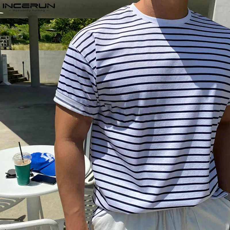 Casual Simple Style Tops INCERUN Men\'s O-neck Striped Shoulder Loose T-shirts Handsome Male Elastic Short Sleeved Camiseta S-5XL