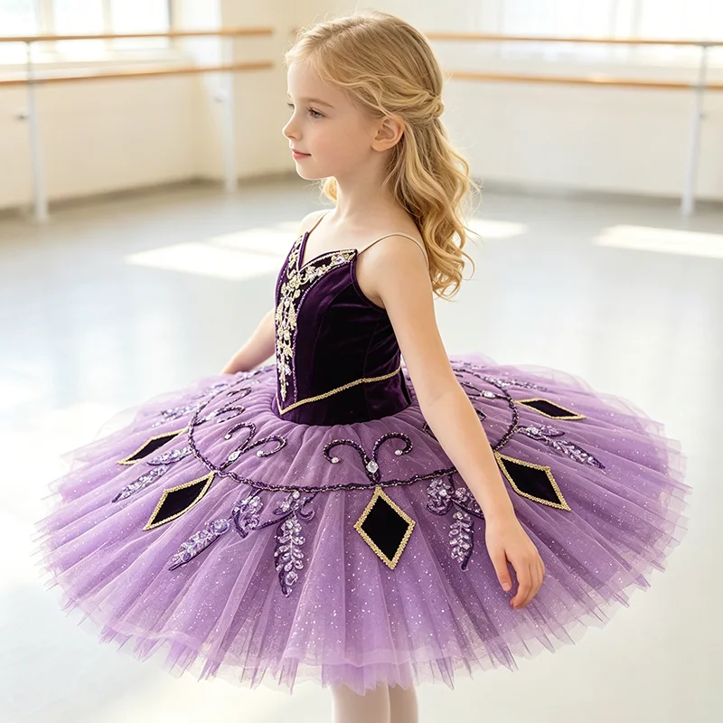Women thin strap V neck ballet tutu performance dress gold purple rhinestone vine diamond contrast applique purple glitter skirt