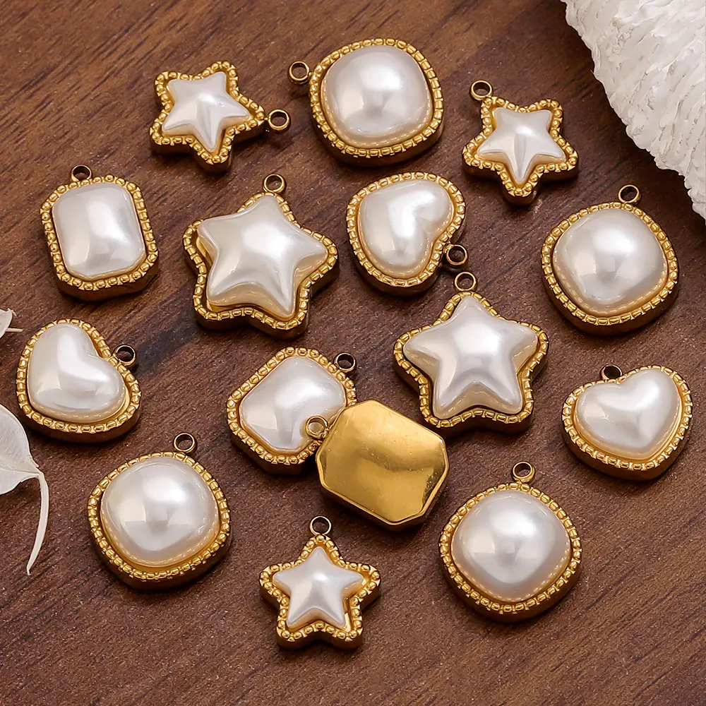 

4pcs Tainless Steel Charms Square Heart Star White Acrylic Imitation Pearl Pendants for DIY Earring Jewelry Materials Making