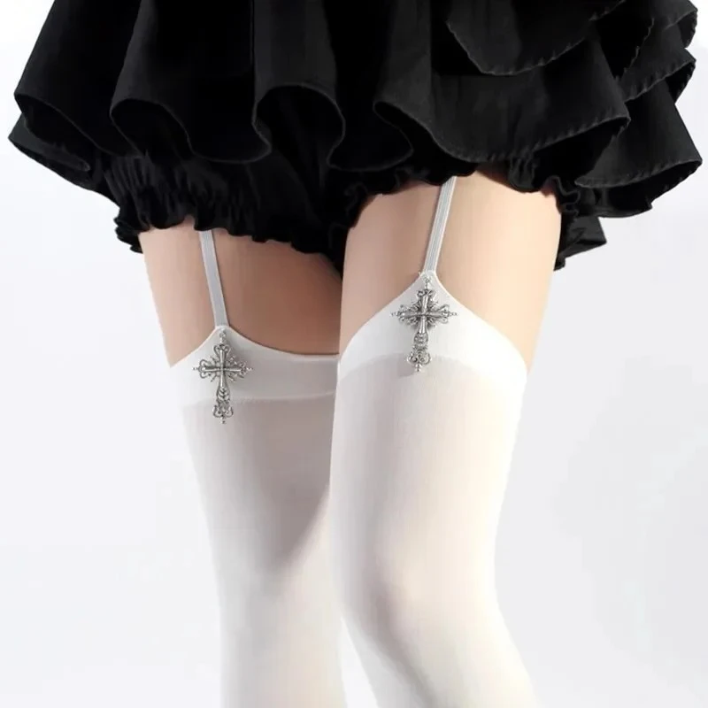 

Personality Cross Decoration Women Suspender Socks Solid Color Thin Thigh High Lolita Anime Cosplay Gothic Over Knee Stockings