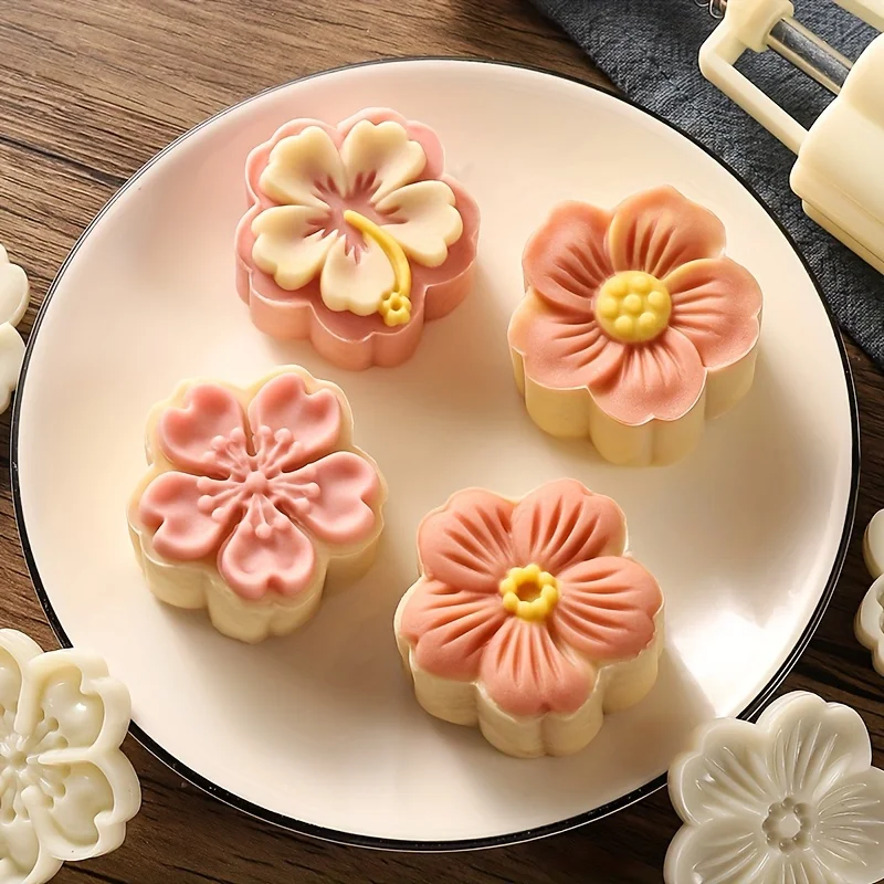 Mooncake Press Molds,Mid Autumn FestivalMooncake Mold Set 50g Flower Moon Cake Mold with4Pcs Stamps