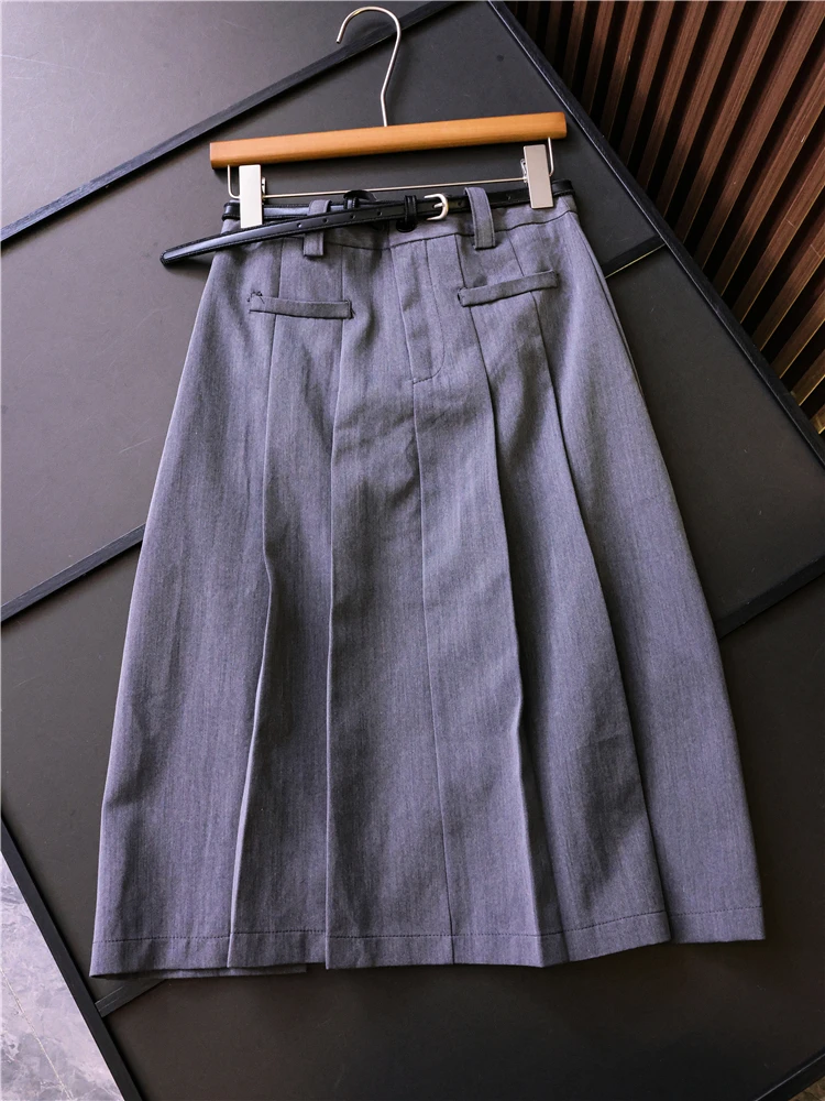 Elegant Pure Color Belted High Waist Pleated A-Line Skirt Commute Midi Length Women's Skirt Half Body Skirt X849