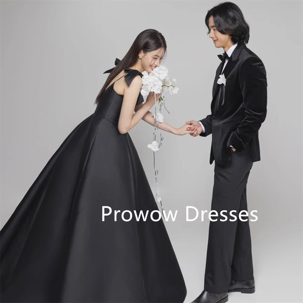 Prowow simples preto vestidos de baile coreia photoshoot querida uma linha vestidos de festa de casamento até o chão sem mangas arcos personalizados