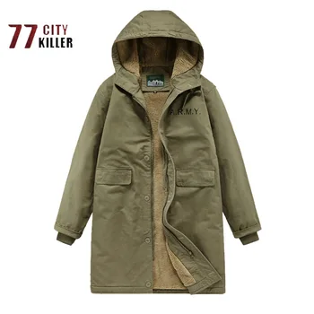 Inverno Vintage ARMY Long Parka uomo con cappuccio in pile di agnello caldo Multi tasca cappotto giacche tattiche militari da uomo Ropa De Hombre