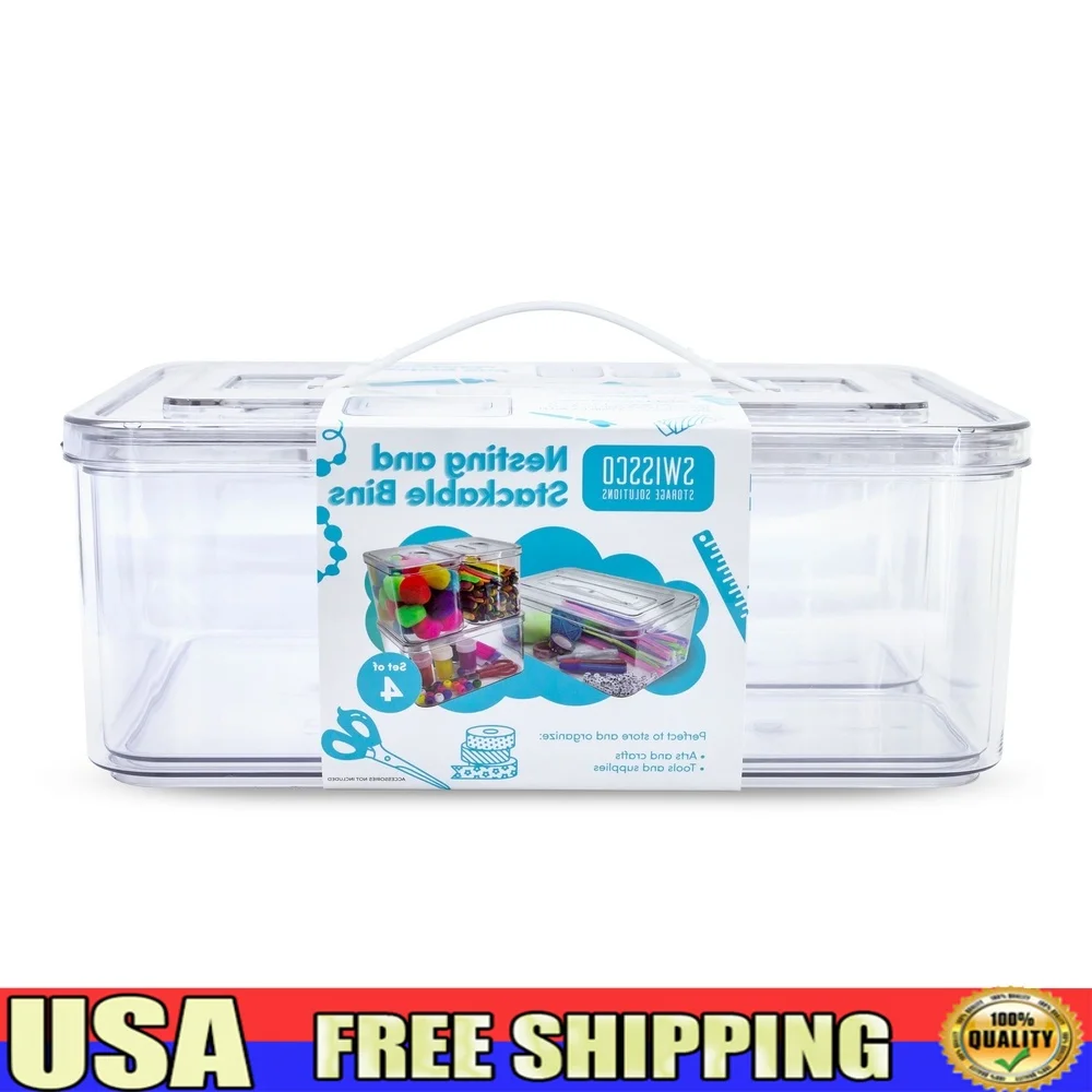 

4 Piece Stackable Clear Plastic Organizing Bins Crafts Jewelry Office Supplies Storage
