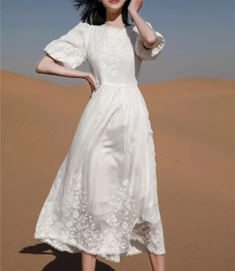 꽃 자수 레이스 화이트 드레스 여성 여름 빈티지 퍼프 슬리브 빈티지 우아한 여성 의류 활주로 디자인 Vestidos