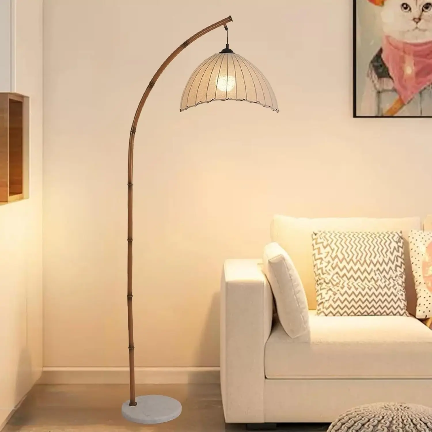 Retro Floor Lamp Unique Bamboo Color Floor lamp Bohemian Hanging Arc Floor Lamp with Antique Rattan Style Vertical Standing