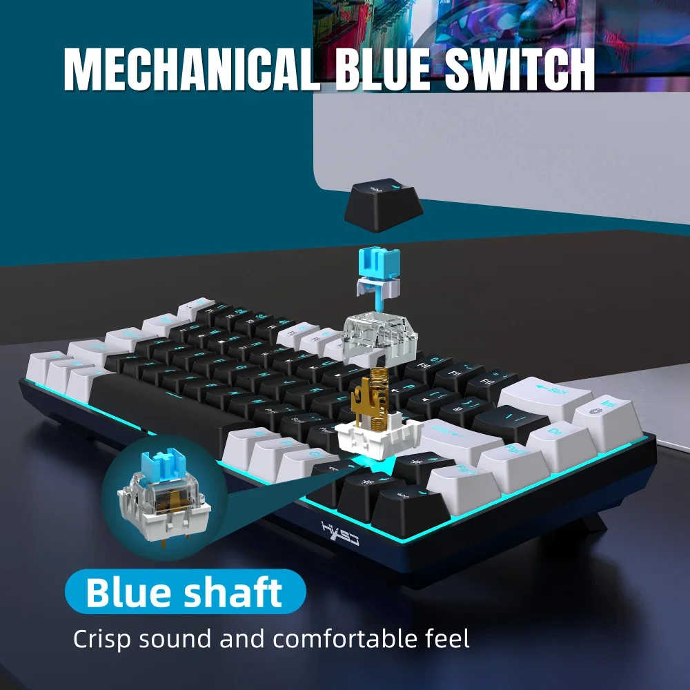 Teclado mecánico para juegos, interruptores intercambiables, diseño ergonómico, ABS, eje azul, cable USB, RGB, 68 teclas, venta al por mayor