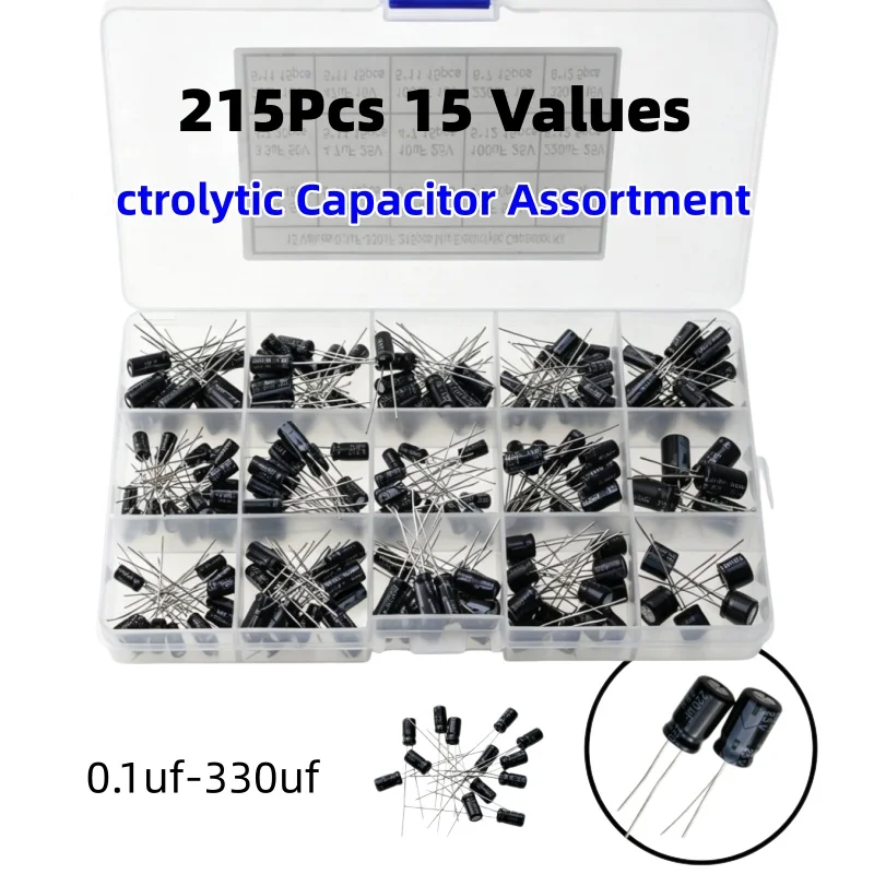 215Pcs 15 Kinds Radial Electrolytic Capacitors Assortment Kit 0.1uF to 330uF Aluminum Capacitor For Electronic Repair