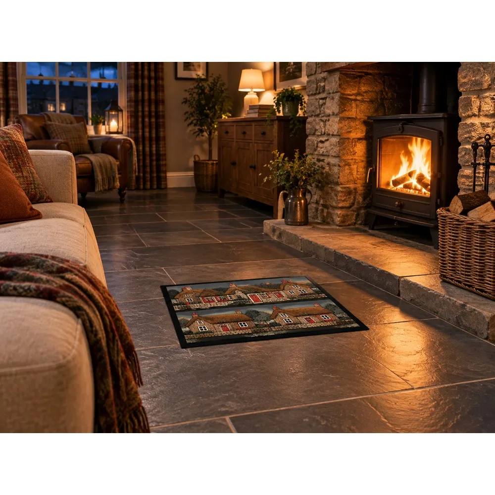 VIKAMA British Slate Brick Thatched Cottage Flannel Door Mat, Non-Slip Entryway Door Mat, UK Home Decor for Home, Entryway
