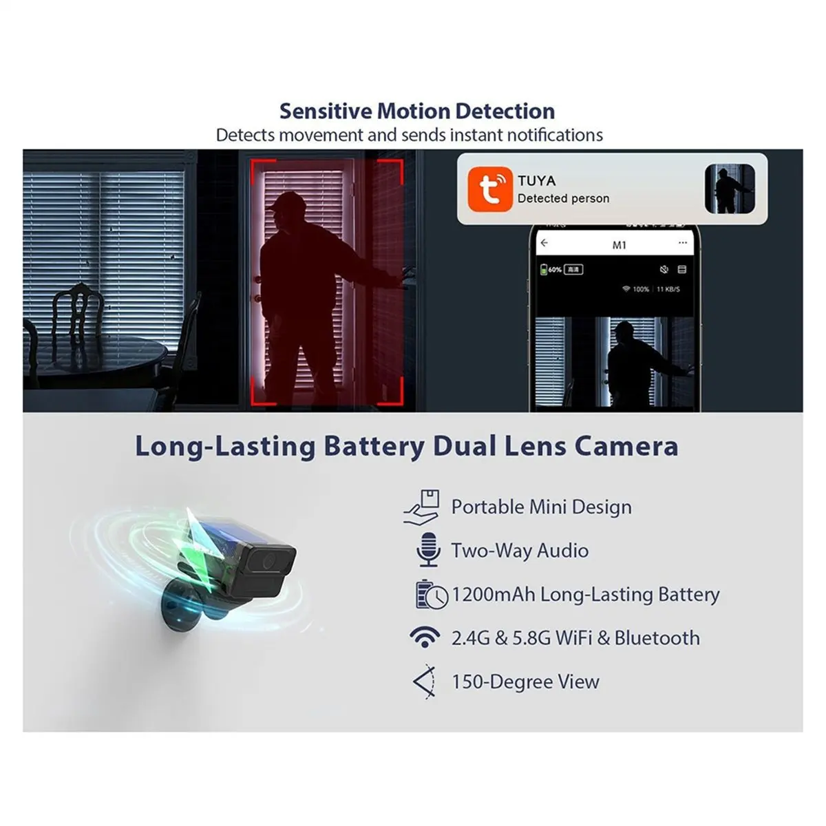 A46U Tuya 2K Wifi Camera 2.4Gand5G Surveillance Camera Built-in Battery PIR Motion Detection Night Vision Two Way Audio