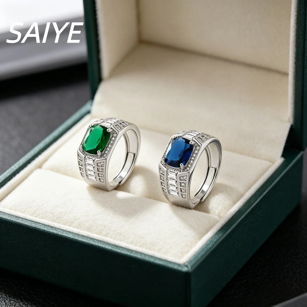 Herrenring aus 925er Sterlingsilber mit grün-blauem Zirkonia, verstellbar, luxuriöser Hochzeitsschmuck, Geschenk