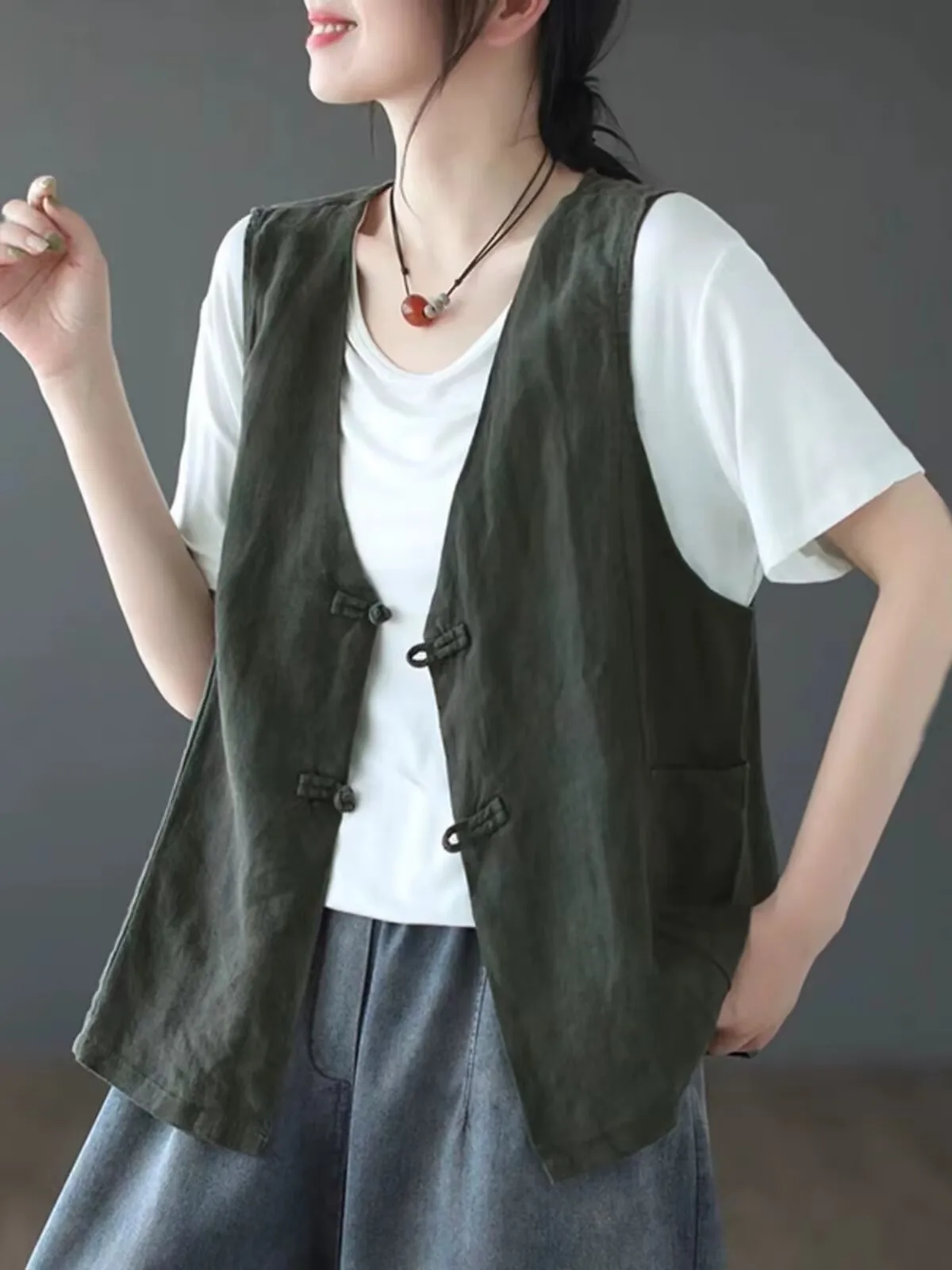

Womens Cotton And Linen Vest Pocked Waistcoat Summer