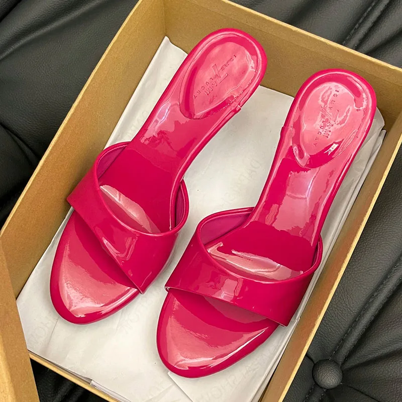 

2024 Pink Red Summer New Brand Women Slipper Fashion Thin High Heel Ladiea Elegant Slides Shoes Open Toe Shallow Sandal Shoes