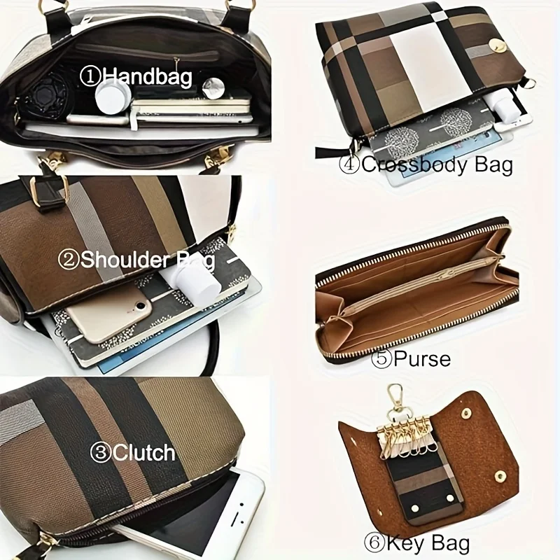 Fashion Plaid 6Pcs Ladies Handbag Set PU Leather Tote Shoulder Bag Wallet Coin Purse Multi-piece Daily Handbags view 4