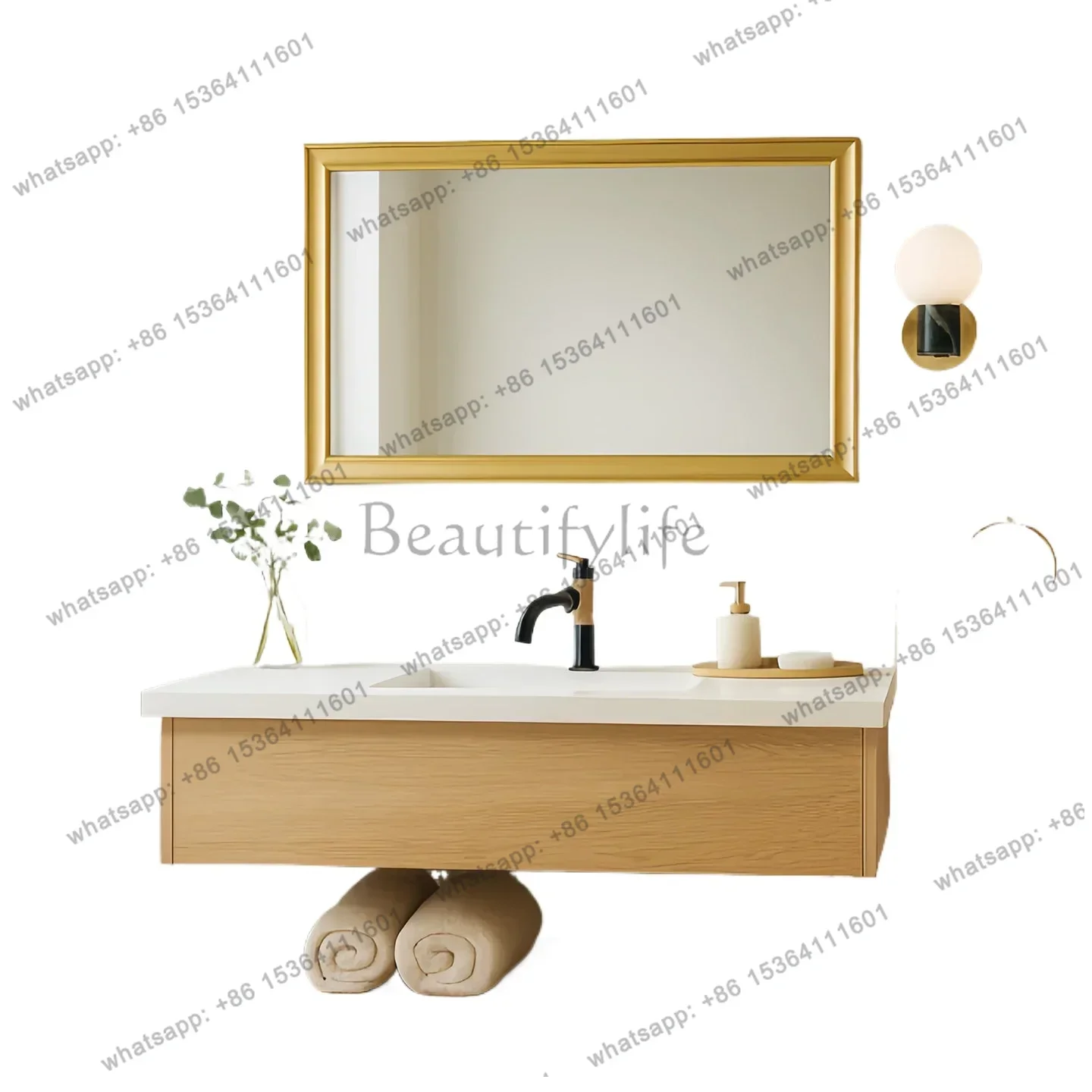 

Log wind Japanese bathroom cabinet combination rock slab seamless basin washbasin modern simple face wash basin