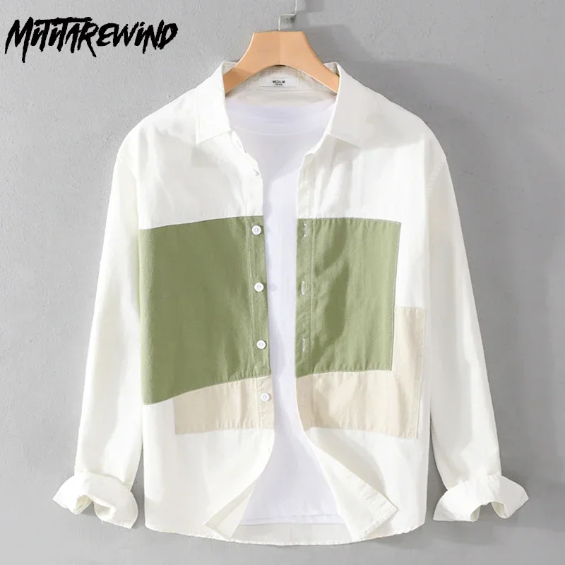 

Весенняя мужская свежая рубашка, уличная рубашка с длинным рукавом, мужские повседневные топы из чистого хлопка, лоскутная рубашка контрастного цвета, молодежная мода