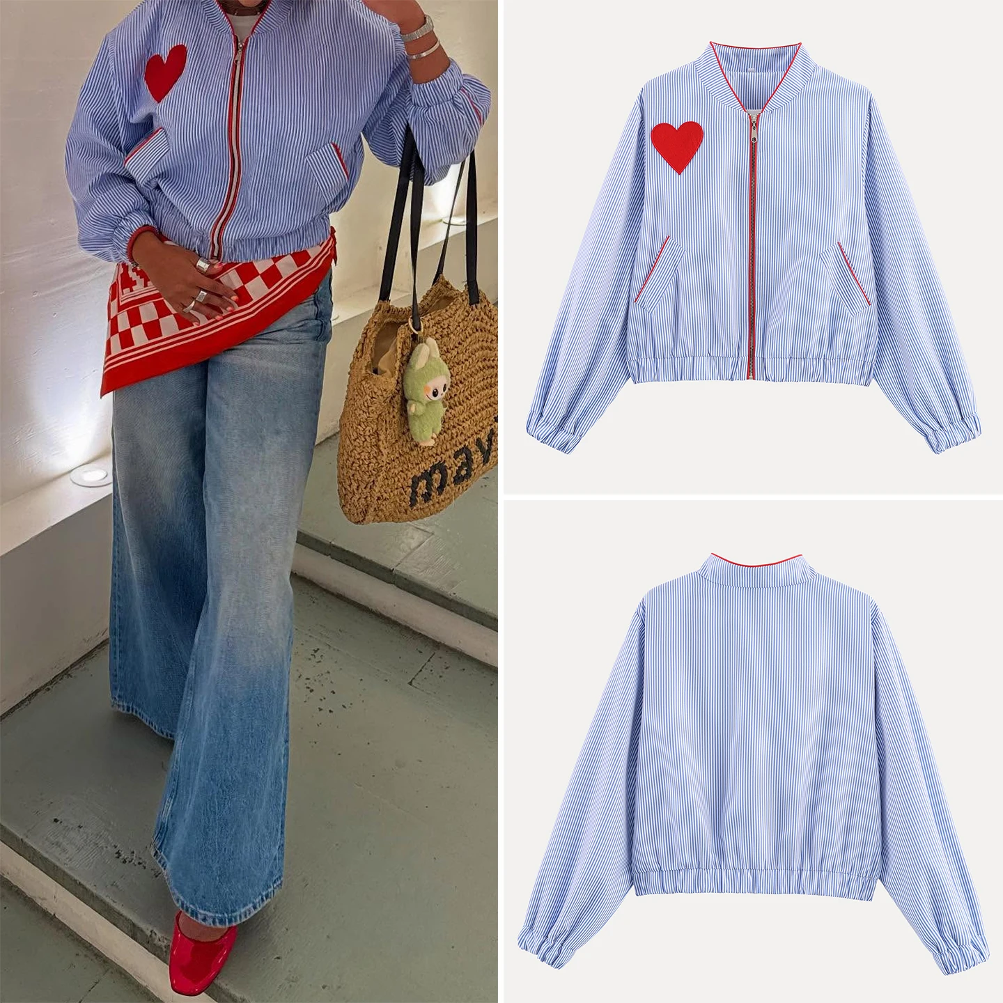 

Faionable Striped Heart Patchwork Jaet with Zipper ket for Women Autumn 2025 Personali Outerwear Long Sve Coat