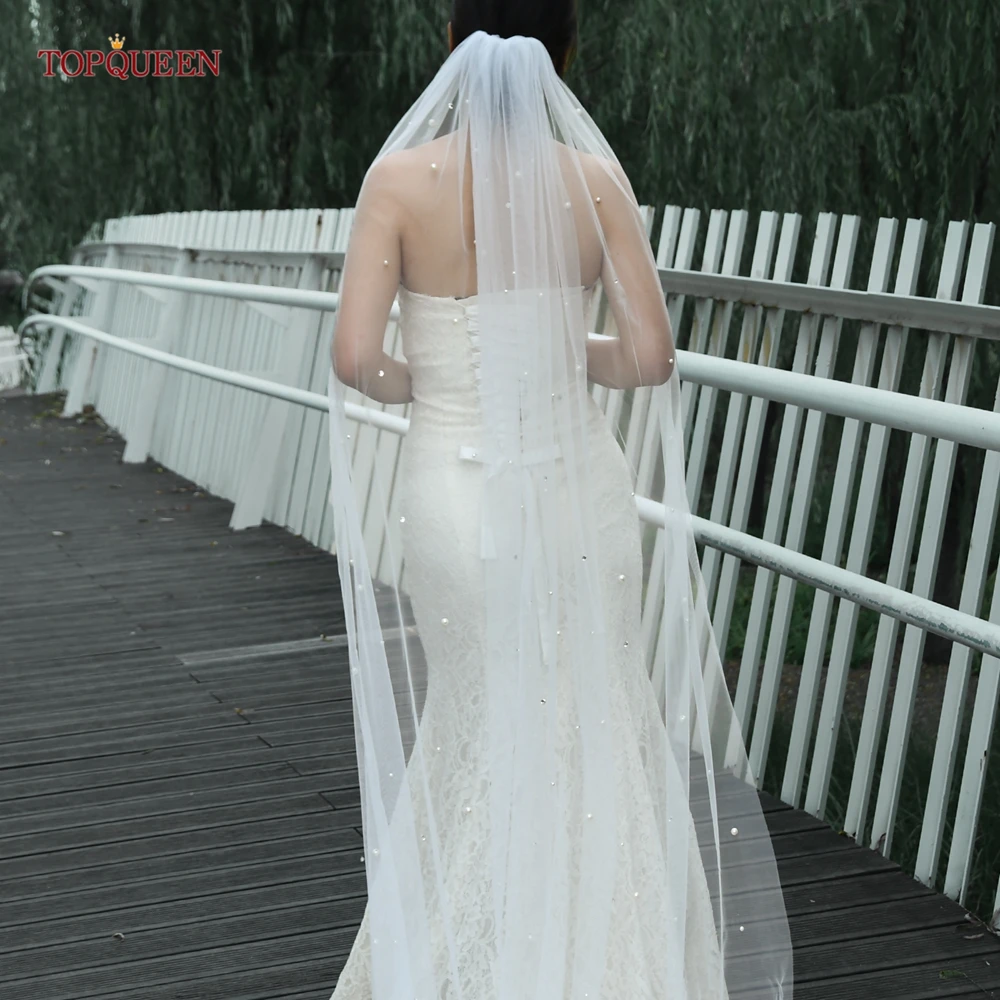 TOPQUEEN Velos De Novia Largos Full Of Pearls And Rhinestones Customizable Wedding Veil In Multiple Sizes V109