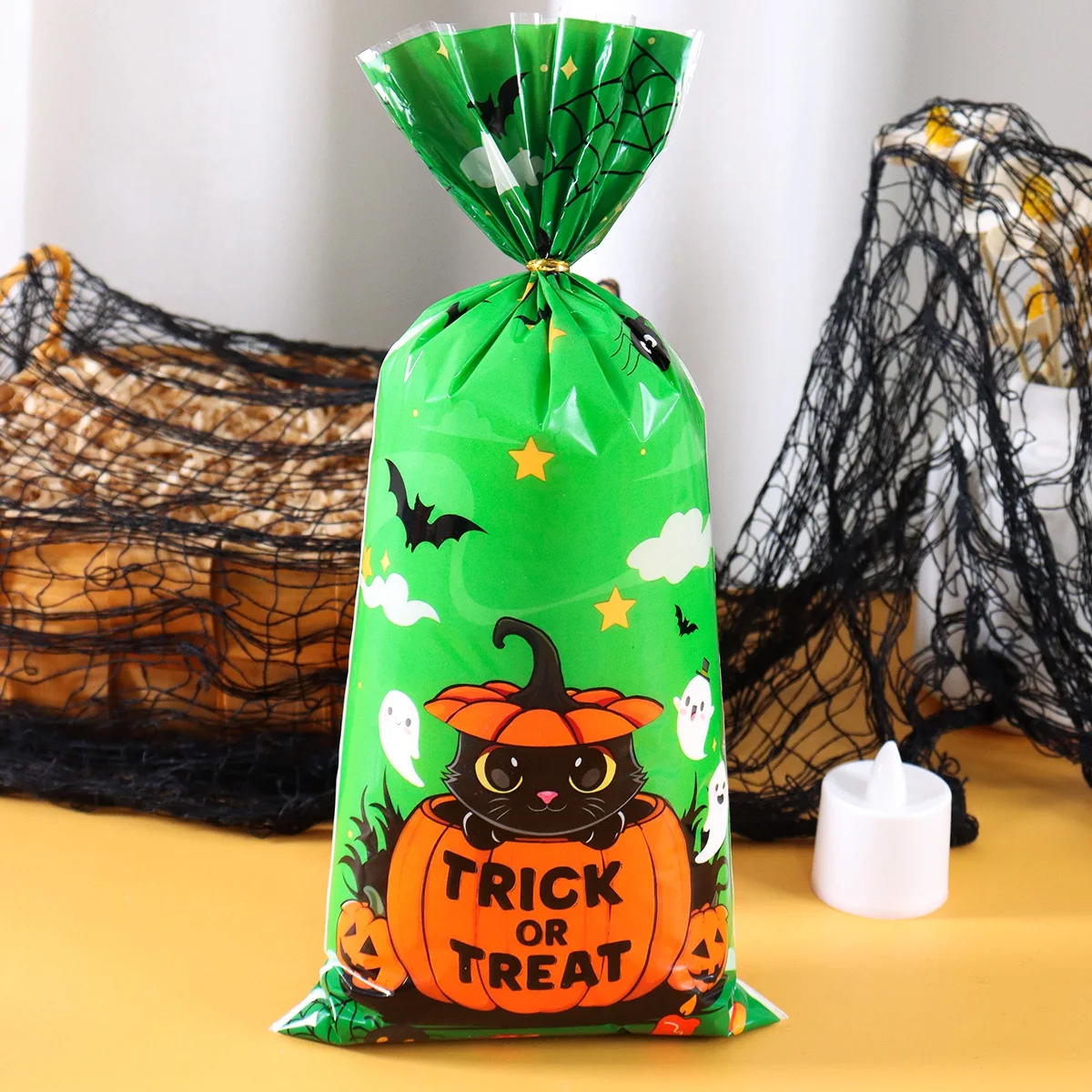 25/50/100 Stück Halloween Geisterkatze Geschenktüten Süßigkeiten Keks Verpackungsbeutel Süßes oder Saures 2025, Happy Halloween Party Decor Supplies – Detail 1