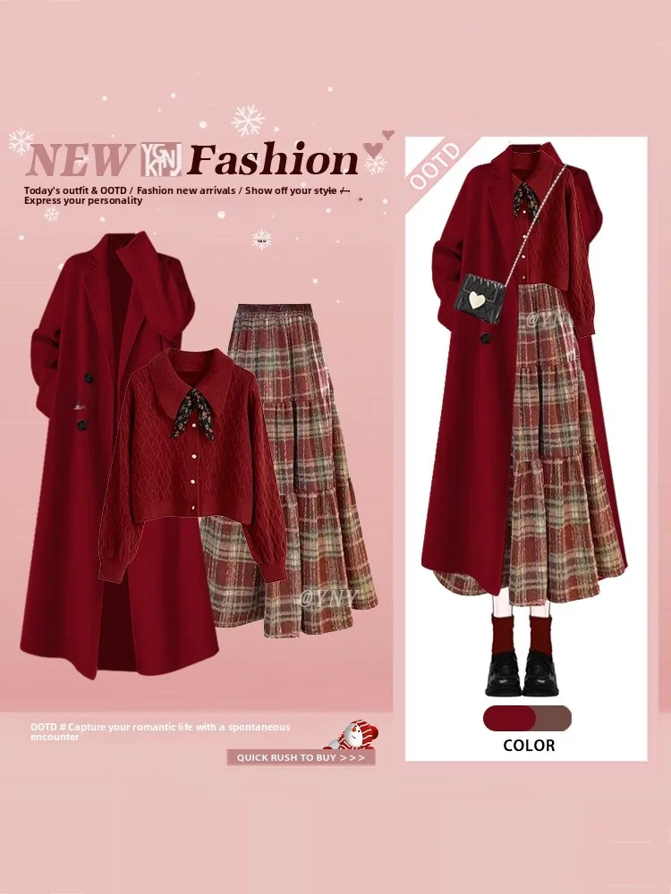 

Cisas Aosphere New Year's Eve Ceremony Red Coat Sweater Plaid Skirt Set Women's Faion Winter Outfit Casual Sle