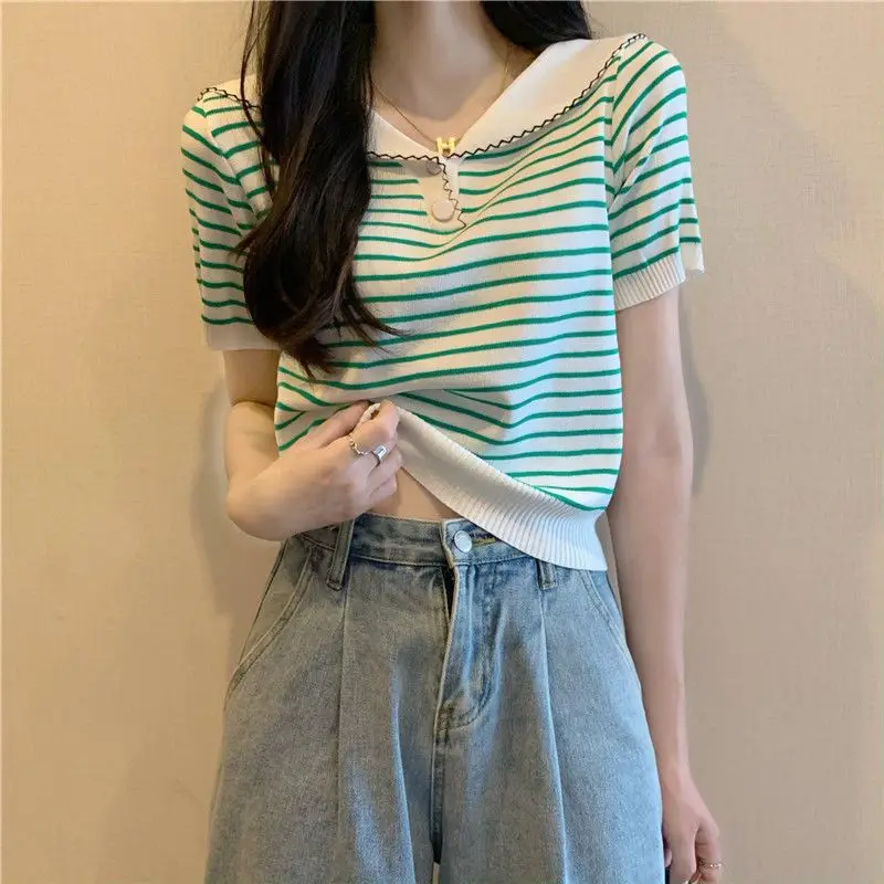 Summer New Sweet Temperament Striped Tops Tees Short Sleeve Youth All-match Knitting T Shirts Fashion Korean Women Clothing